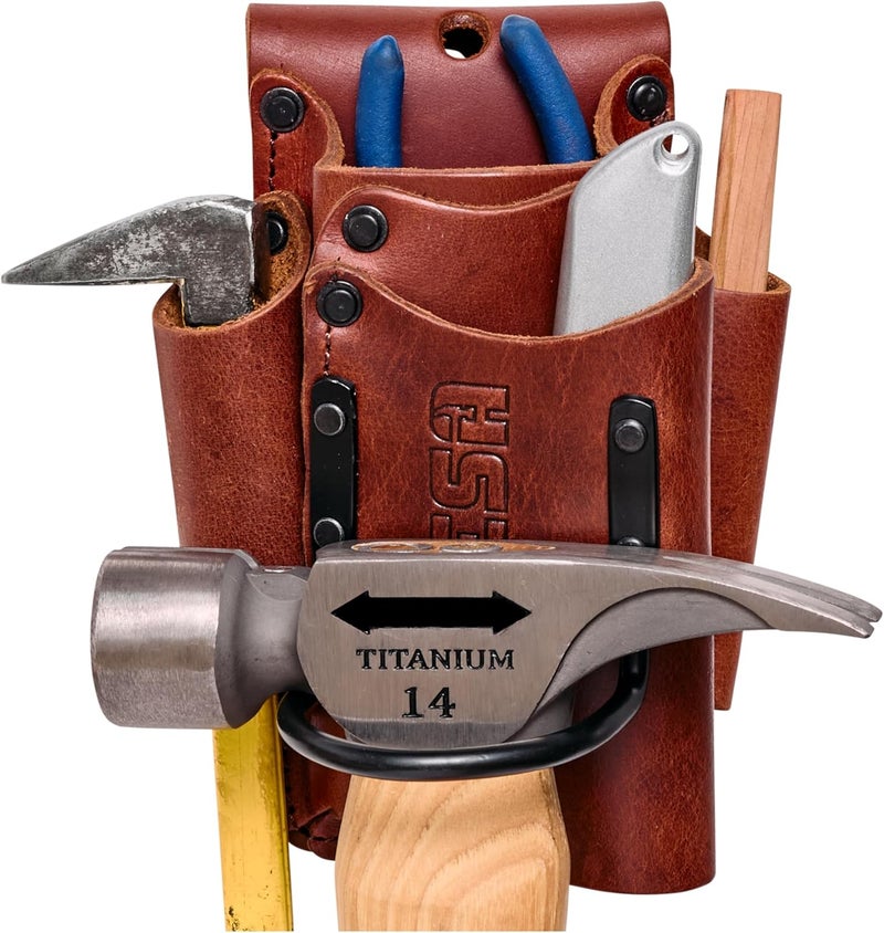 fesa Small Leather Tool Pouch - 5-in-1 Heavy Top Grain Leather Small Tool Pouch with a Steel Hammer Loop, 4 Pockets & Reinforced Heavy Duty Rivets - Fits Belts up to 3" - Handcrafted - Image 1
